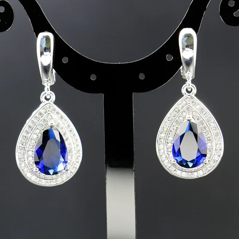 HuiSept Rings Earrings Necklace Bracelet 925 Silver Jewelry Set for Women Wedding Party Water Drop Shape Sapphire Gemstone Gift