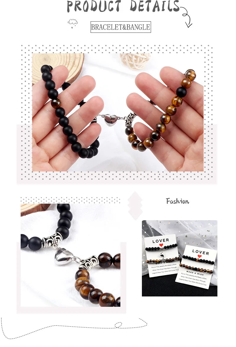 Hot Sale 2Pcs/Set Beads Bracelet For Lovers Natural Stone Distance Heart Magnet Couple Bracelets Friendship Fashion Jewelry Gift