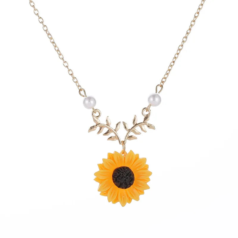 NK106 Delicate Sunflower Pendant Necklace For Women Daily Imitation Pearl Jewelry Sweater Daisy Flower Leaf Collar Accessories