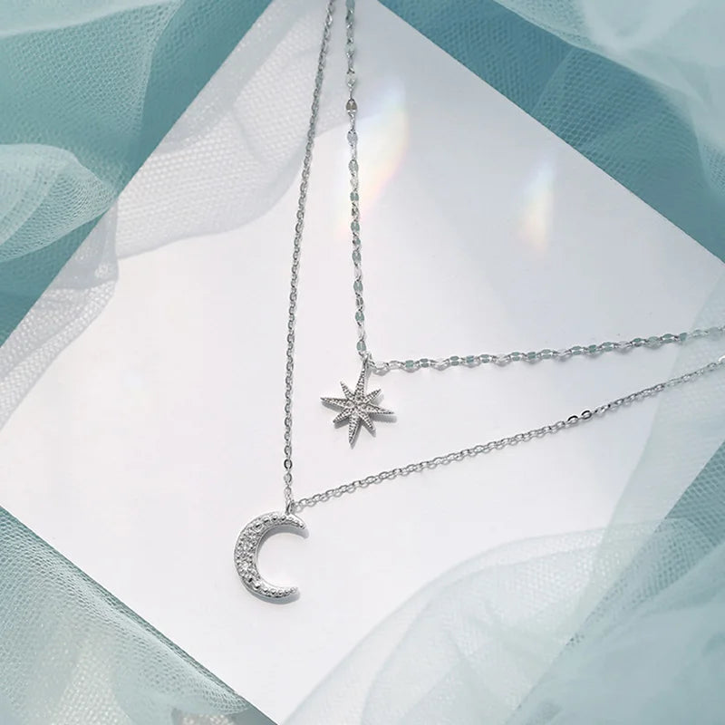 Hot Sale 925 Sterling Silver Delicate Moon Necklace Shiny Stars Layered Pendant Choker Birthday Party Gifts Fashion Women Jewelr