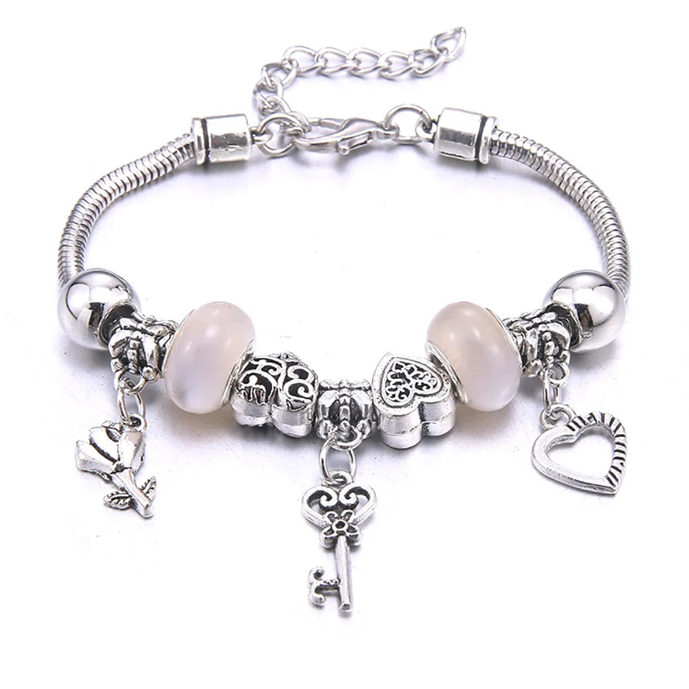 Charm Bracelet & Bangles Jewelry white butterfly Crown Beads Bracelets Brands Bracelets Fit Women Girl Friendship Gift