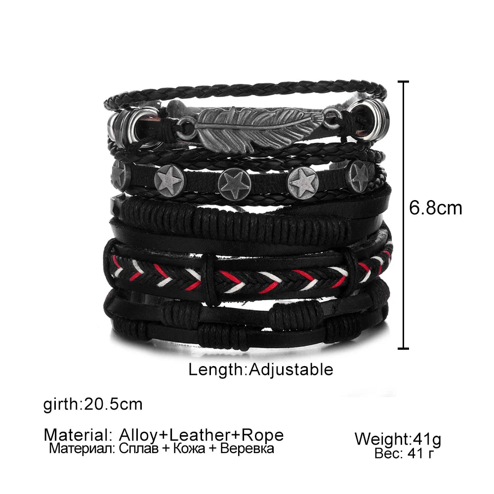 IFMIA Vintage Leather Bracelet Fashion Hand-knitted Multi-layer Leather Feather Leaf Bracelet and Fashion Men's Bracelet Gift