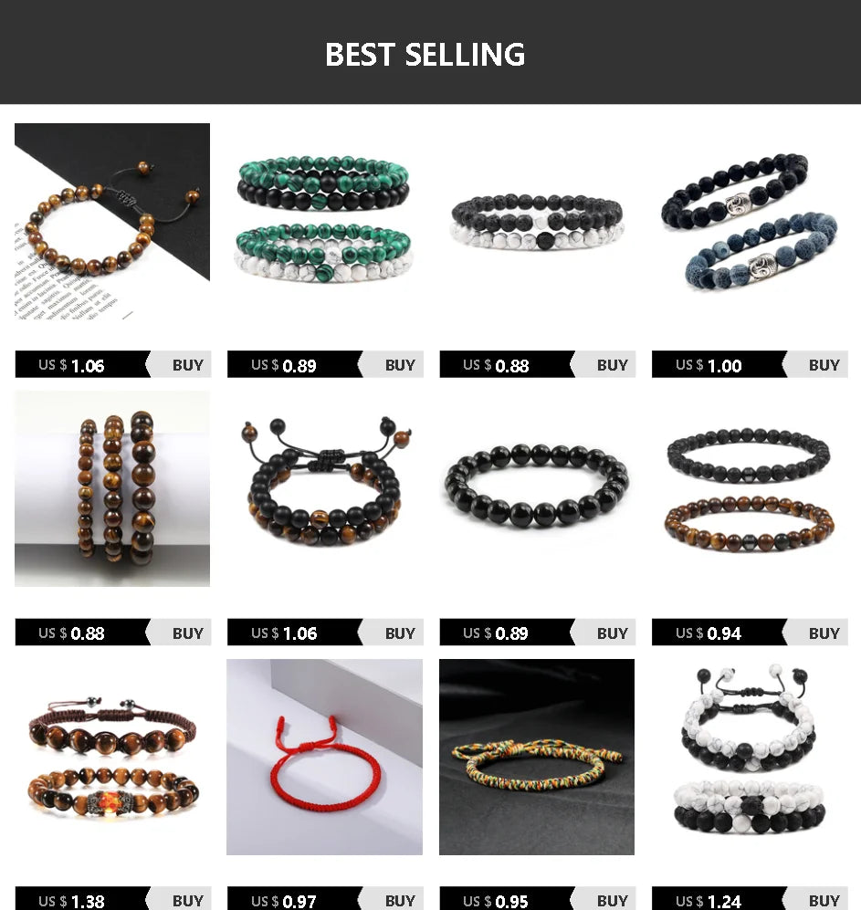 8mm Tiger Eye Stone Beads Bracelet Adjustable Braided Rope Bangles Natural Lava Rock Men Women Yoga Healing Balance Bracelets