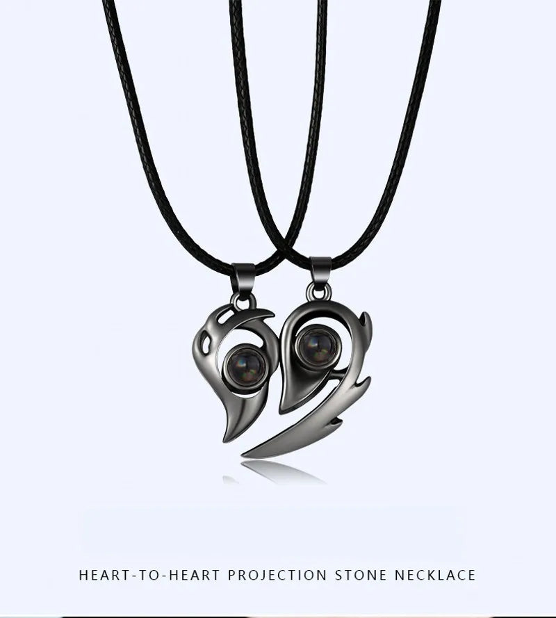 1PAIR Stainless Steel 100 Languages I Love You Projection Magnetic Couple Necklace Heart Necklace Jewelry Lover Creative Gifts