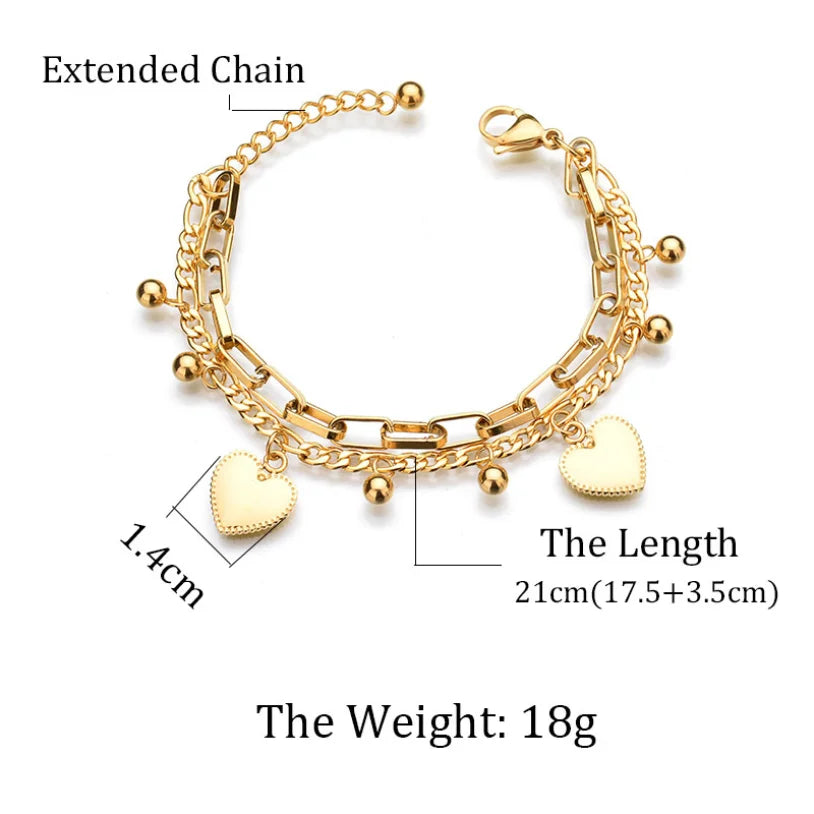 316L Stainless Steel New Fashion Upscale Jewelry Bohemia 2 Layer Ball Lovers Love Heart Charm Thick Chain Bracelet For women