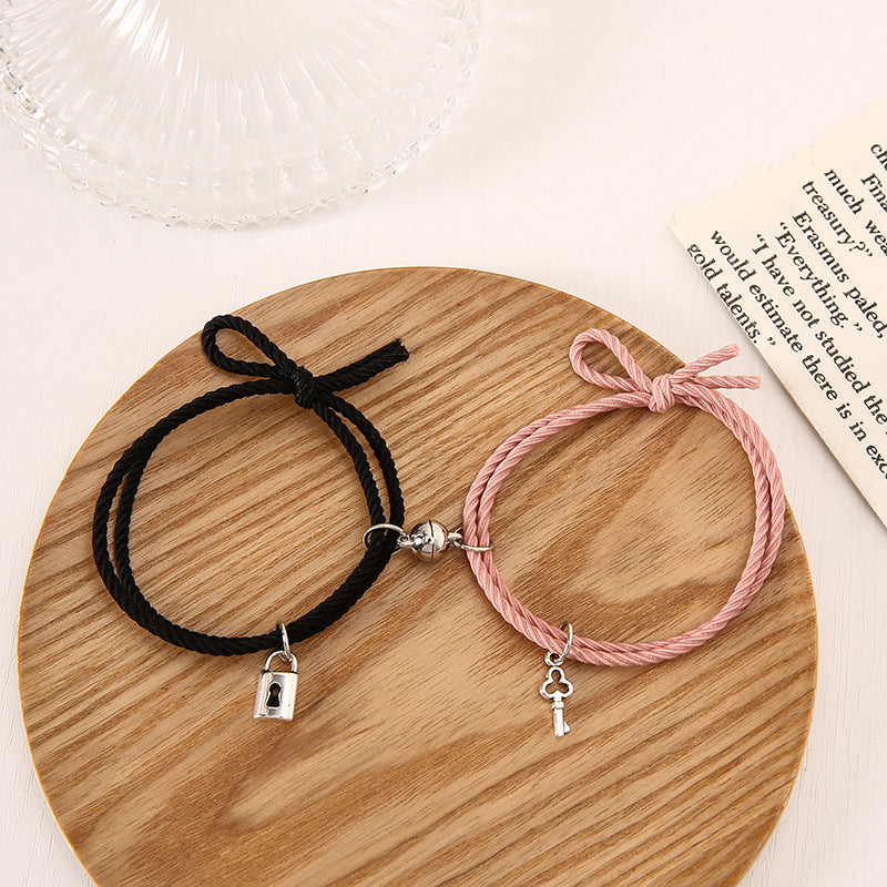 1 Pair Magnet Couple Bracelets for Lovers Lock Heart Magnetic Bracelet for Women Men Adjustable Braided Rope Jewelry Gift