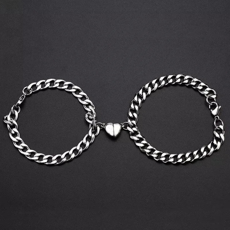 2Pcs Punk Silver Color Chain Couple Bracelet for Women Copper Alloy Romantic Magnet Men Paired Things Fashion Jewelry