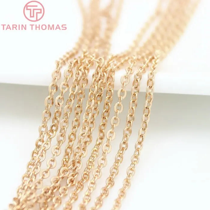 (4295)2Meter width:1.5MM 2MM 24K Champagne Gold Color Brass Flat Oval Chains Necklace Chains High Quality Jewelry Accessories