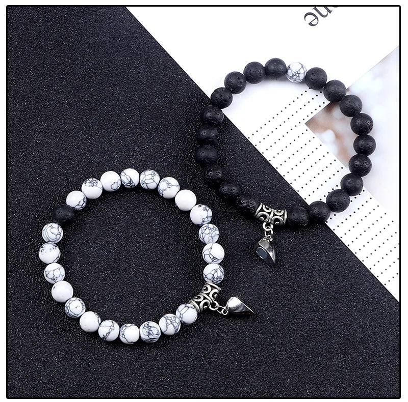 Hot Sale 2Pcs/Set Beads Bracelet For Lovers Natural Stone Distance Heart Magnet Couple Bracelets Friendship Fashion Jewelry Gift