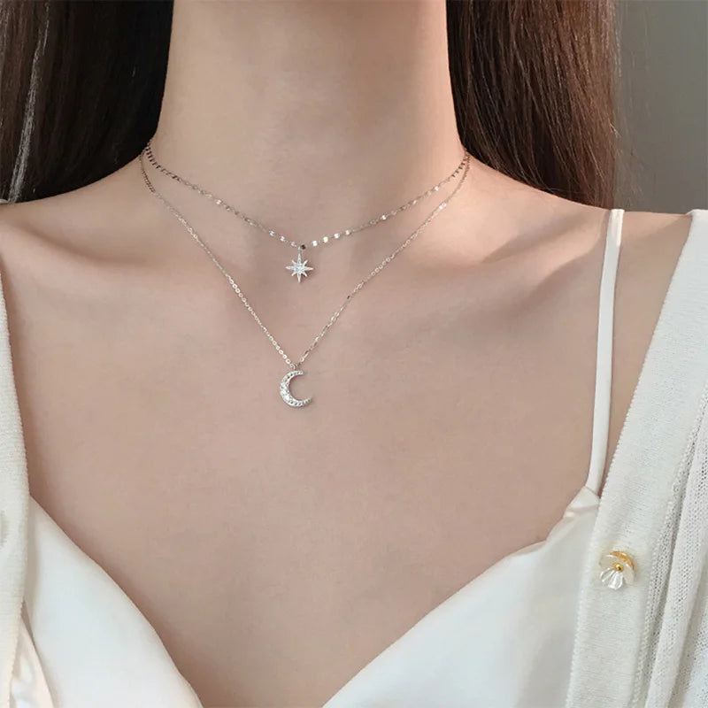 Hot Sale 925 Sterling Silver Delicate Moon Necklace Shiny Stars Layered Pendant Choker Birthday Party Gifts Fashion Women Jewelr