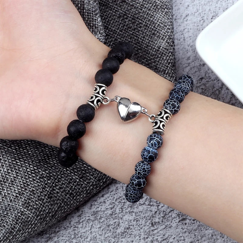 Hot Sale 2Pcs/Set Beads Bracelet For Lovers Natural Stone Distance Heart Magnet Couple Bracelets Friendship Fashion Jewelry Gift