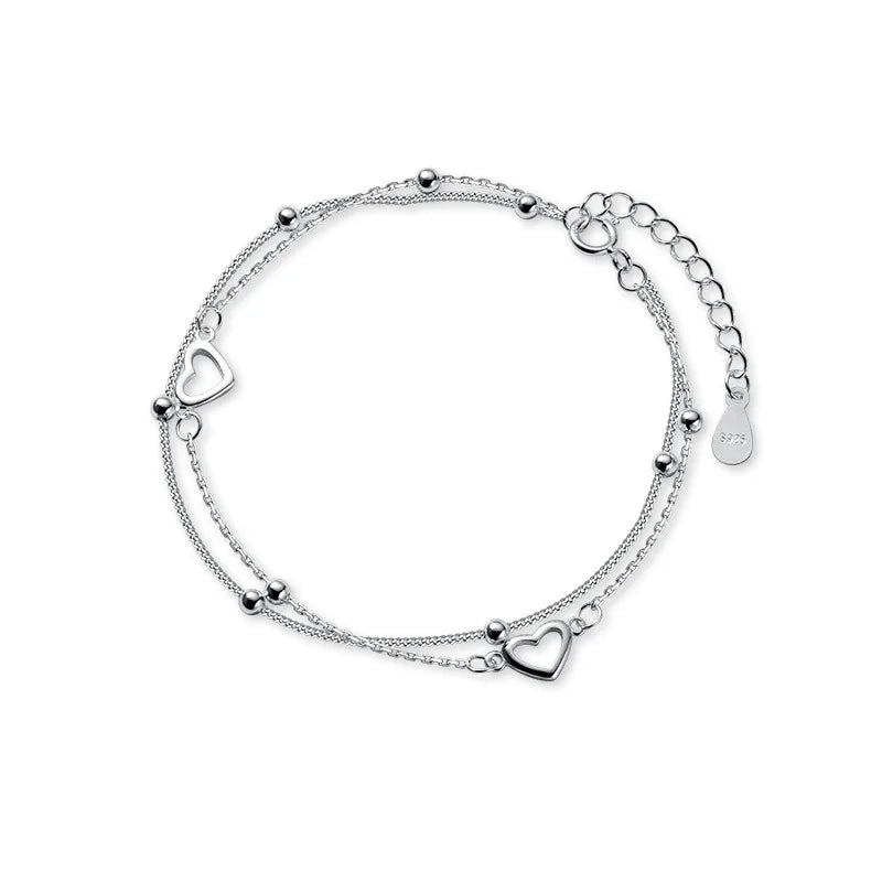 VENTFILLE 925 Sterling Silver Double Love Heart Hollow Round Beads Bracelet Female Fashion Romantic Jewelry Classic Adjustable