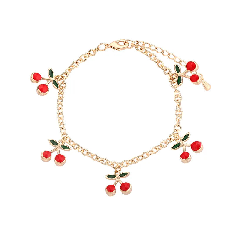 Fashion Charm Red Cherry Gold Chain Bracelets for Women Gold Color Adjustable Bracelet Anklet Jewelry Party Gifts