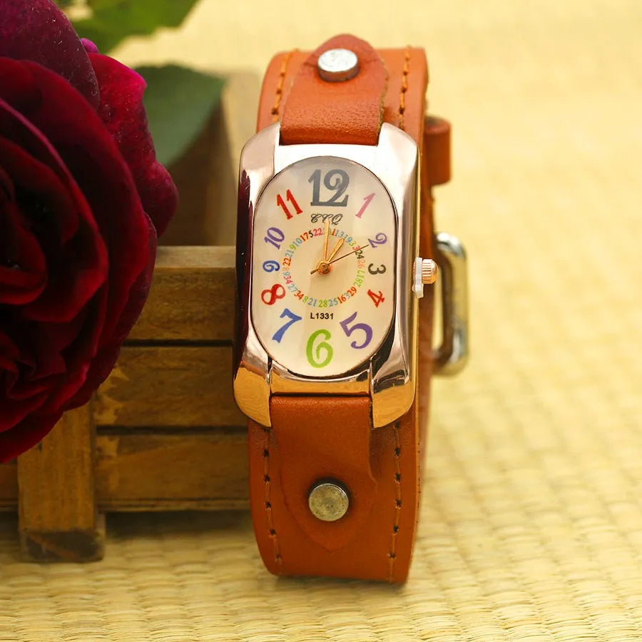 Shsby Cow Leather Strap Color Digital Rectangle Watch Women Bracelet Watches Female Bronze Quartz Watch Student Leisure Watch