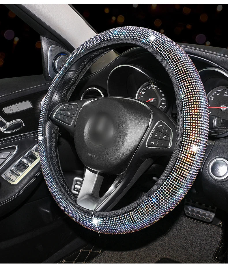 Bling Bling Rhinestones Crystal Car Steering Wheel Cover Leather Steering-wheel Covers Car Stuff Auto Accessories for Woman