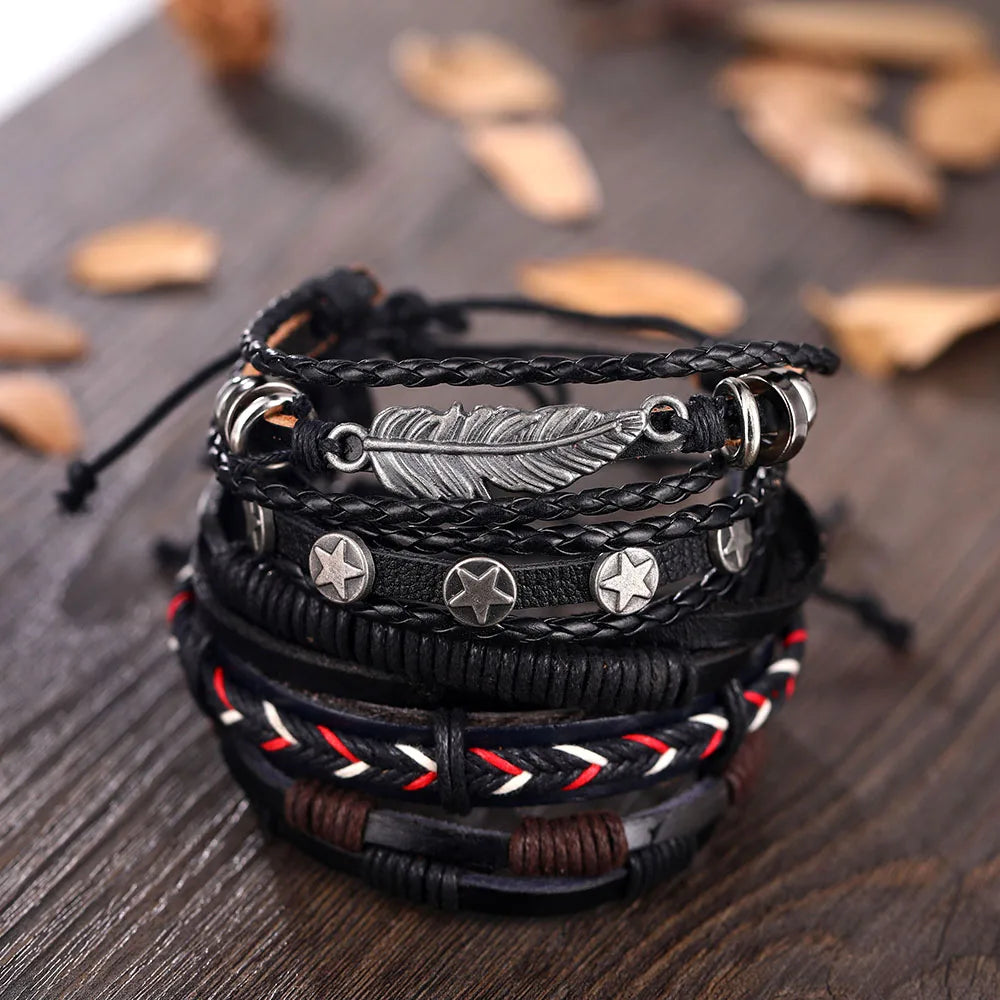 IFMIA Vintage Leather Bracelet Fashion Hand-knitted Multi-layer Leather Feather Leaf Bracelet and Fashion Men's Bracelet Gift