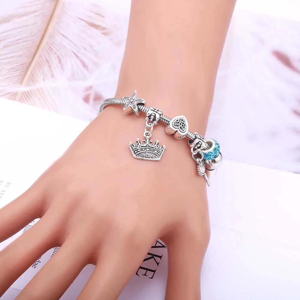 Charm Bracelet & Bangles Jewelry white butterfly Crown Beads Bracelets Brands Bracelets Fit Women Girl Friendship Gift