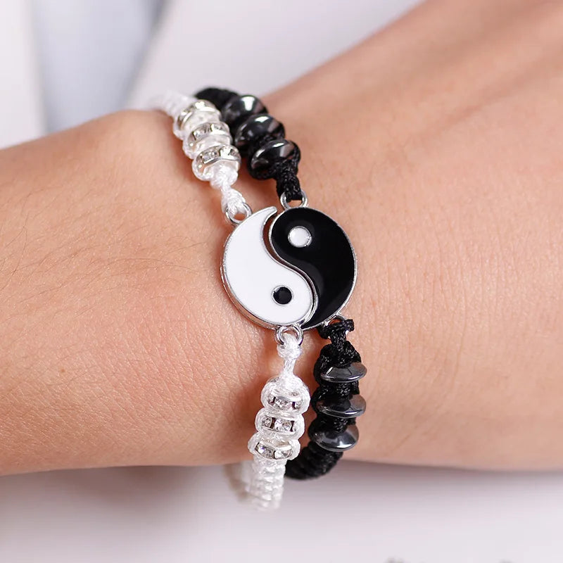 2/4Pcs Tai Chi Yin Yang Couple Bracelets Necklaces Set Pendant Adjustable Braid Chain Bracelet Matching Lover Bracelets Choker