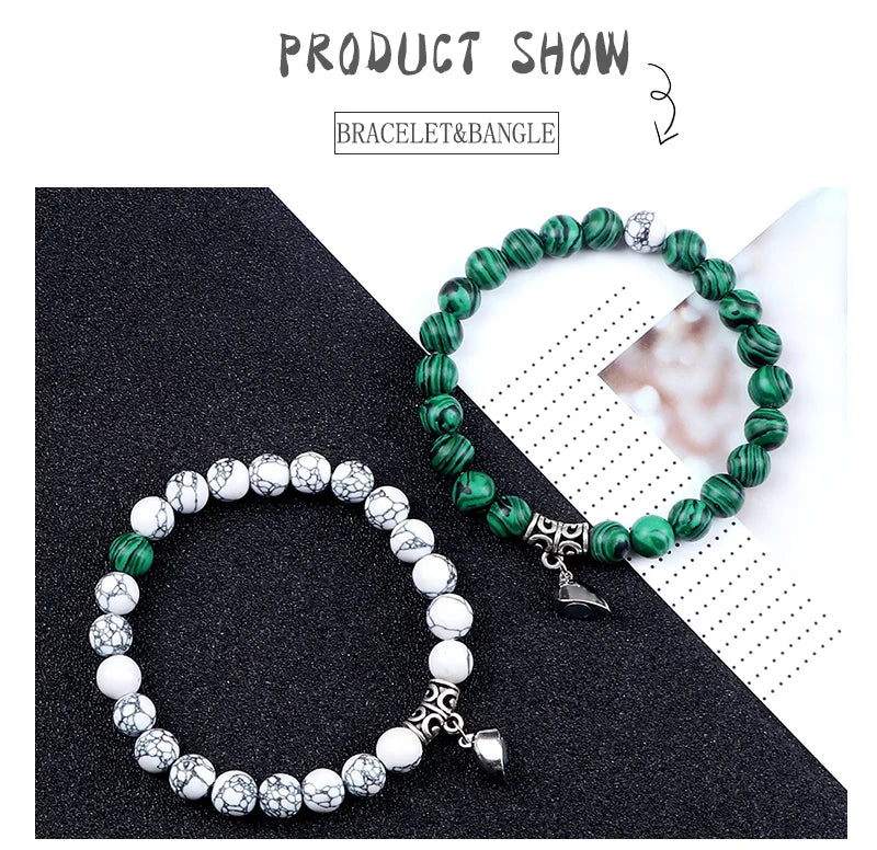 Hot Sale 2Pcs/Set Beads Bracelet For Lovers Natural Stone Distance Heart Magnet Couple Bracelets Friendship Fashion Jewelry Gift