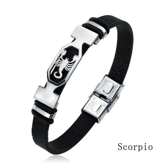 12 Constellation Stainless Steel Cuff Bracelet Men Women Zodiac Sign Black Leather Wrap Bracelet Jewelry bransoletka męska