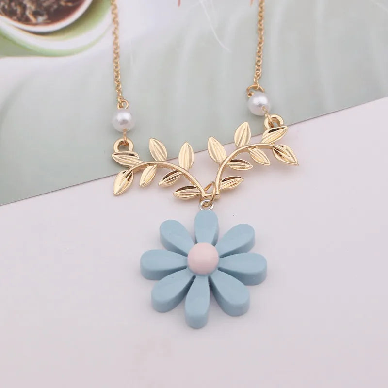 NK106 Delicate Sunflower Pendant Necklace For Women Daily Imitation Pearl Jewelry Sweater Daisy Flower Leaf Collar Accessories