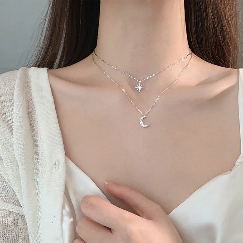 Hot Sale 925 Sterling Silver Delicate Moon Necklace Shiny Stars Layered Pendant Choker Birthday Party Gifts Fashion Women Jewelr