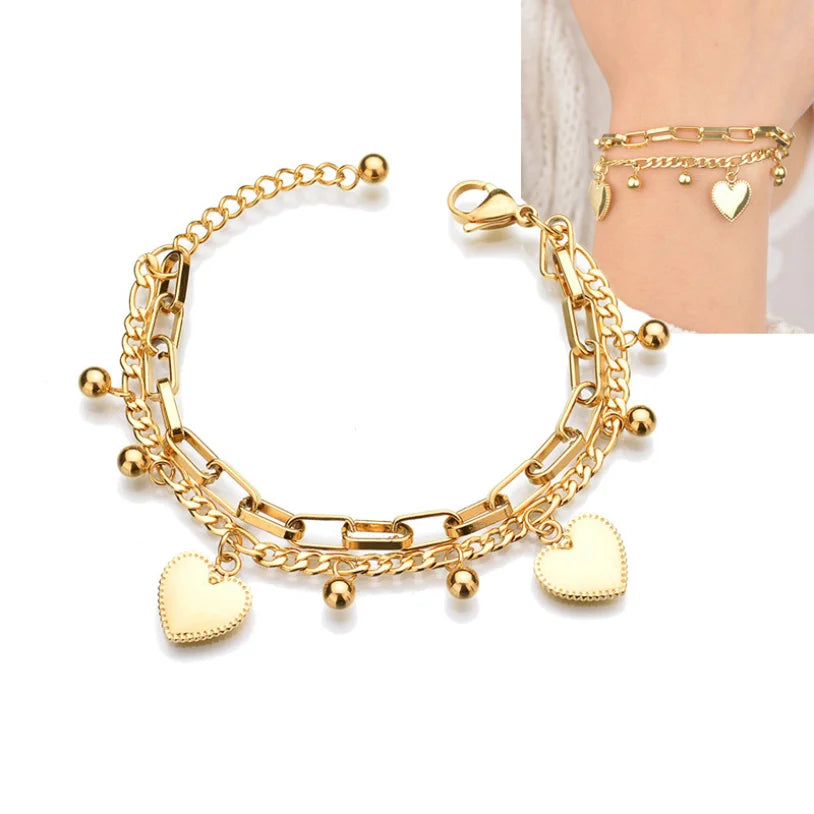 316L Stainless Steel New Fashion Upscale Jewelry Bohemia 2 Layer Ball Lovers Love Heart Charm Thick Chain Bracelet For women