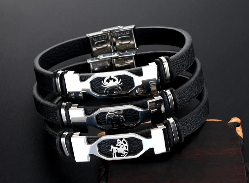 12 Constellation Stainless Steel Cuff Bracelet Men Women Zodiac Sign Black Leather Wrap Bracelet Jewelry bransoletka męska