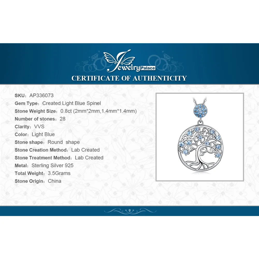 JewelryPalace Life Tree Created Blue Spinel 925 Sterling Silver Pendant Necklace Fashion Statement Gemstone Choker Without Chain