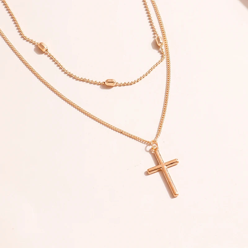 Romantic Cross Pendants Necklace for Women Gold Silver Color Multilayered Oval Beads Chain Necklace Minimalism Female Jewelry