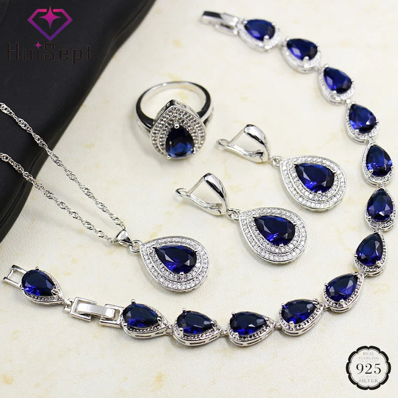 HuiSept Rings Earrings Necklace Bracelet 925 Silver Jewelry Set for Women Wedding Party Water Drop Shape Sapphire Gemstone Gift