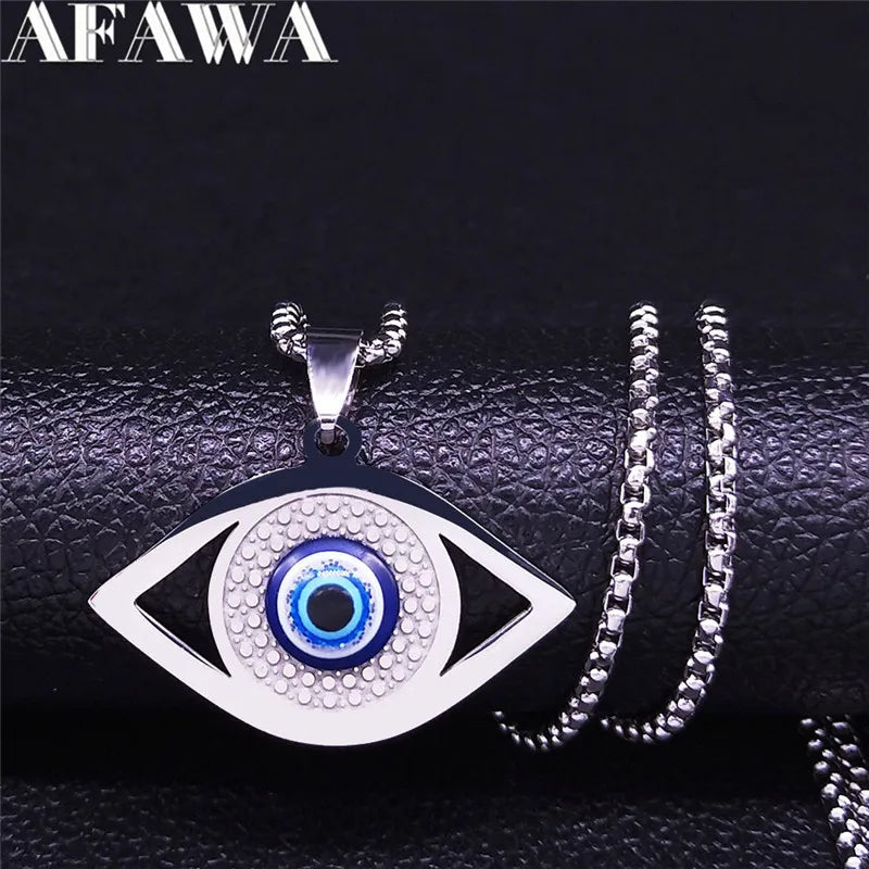 Islam Hamsa Evil Blue Eye Necklace Stainless Steel Turkish Eye Chain Bracelet Greek Jewelry ojo turco acero inoxidable N1137S02