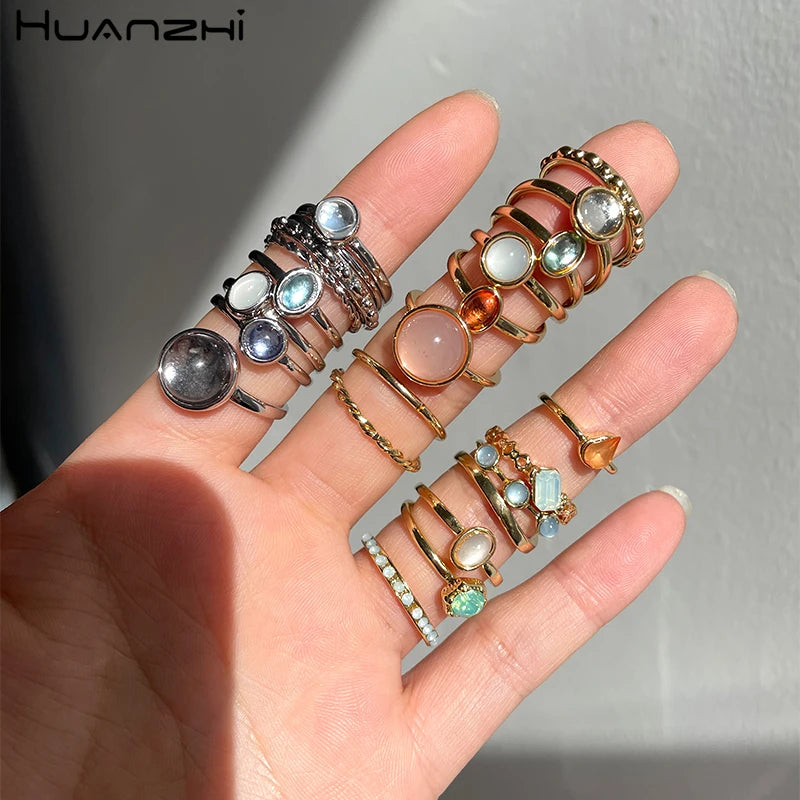 HZ 2021 New Korea 5pcs/set Colorful Stone Rhinestone Metal Chain Trendy Geometry Hit Rings Set for Women Girls Jewelry Gifts