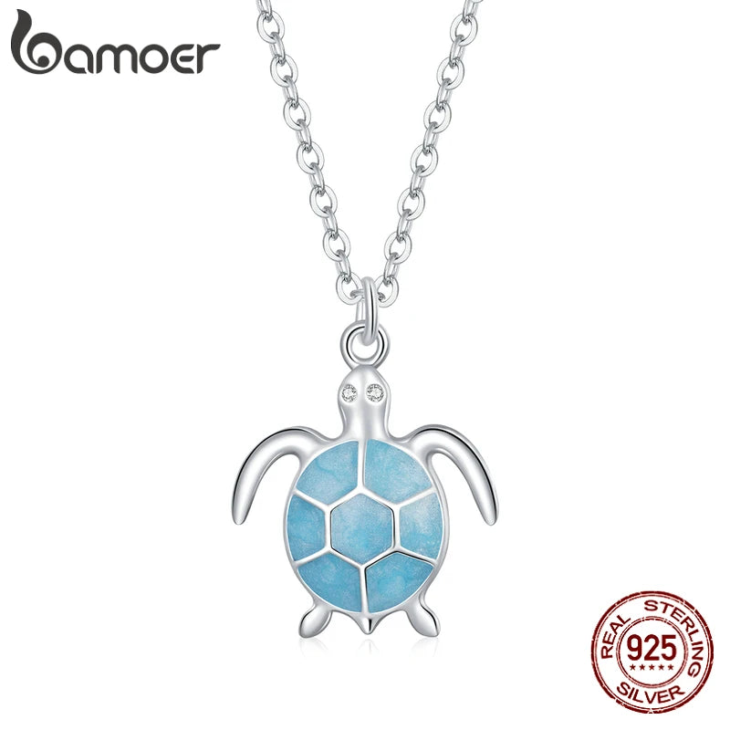 Bamoer 925 Sterling Silver Sky Blue Enamel Turtle Pendant Necklace Cute Animal Adjustable Necklace for Women Fine Jewelry SCN446