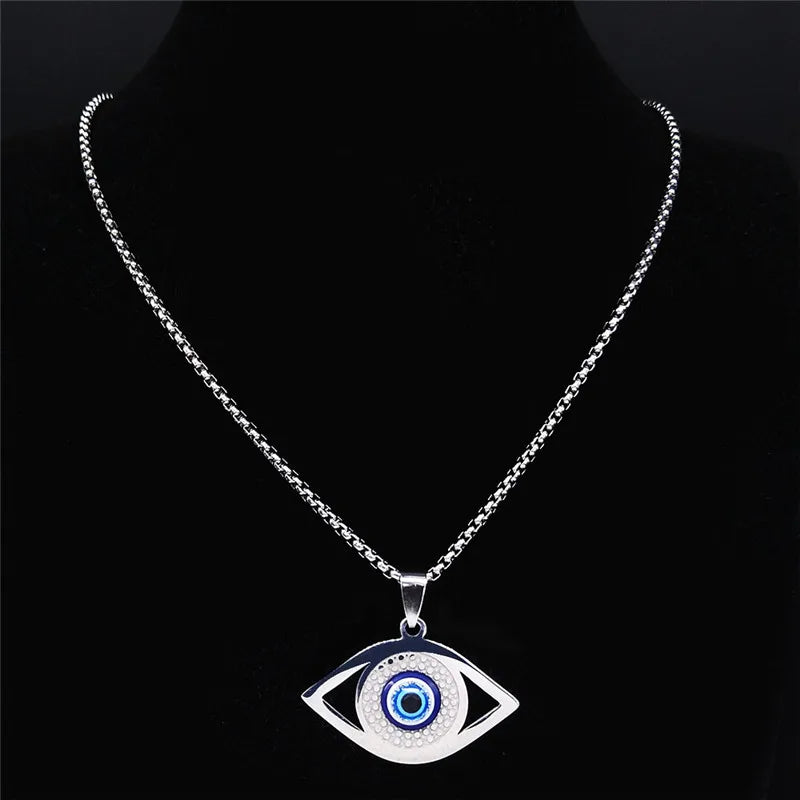 Islam Hamsa Evil Blue Eye Necklace Stainless Steel Turkish Eye Chain Bracelet Greek Jewelry ojo turco acero inoxidable N1137S02