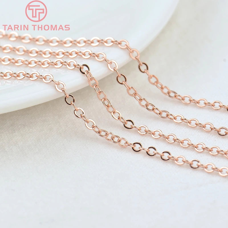 (4295)2Meter width:1.5MM 2MM 24K Champagne Gold Color Brass Flat Oval Chains Necklace Chains High Quality Jewelry Accessories