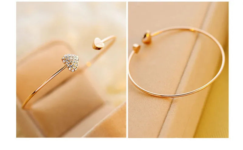 2019 Hot New Fashion Adjustable Crystal Double Heart Bow Bilezik Cuff Opening Bracelet For Women Jewelry Gift Mujer Pulseras