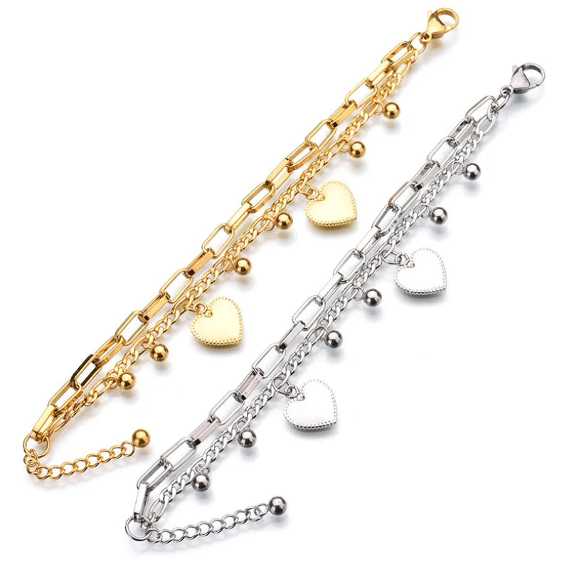 316L Stainless Steel New Fashion Upscale Jewelry Bohemia 2 Layer Ball Lovers Love Heart Charm Thick Chain Bracelet For women