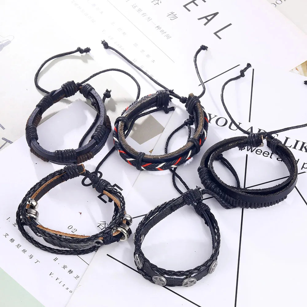 IFMIA Vintage Leather Bracelet Fashion Hand-knitted Multi-layer Leather Feather Leaf Bracelet and Fashion Men's Bracelet Gift