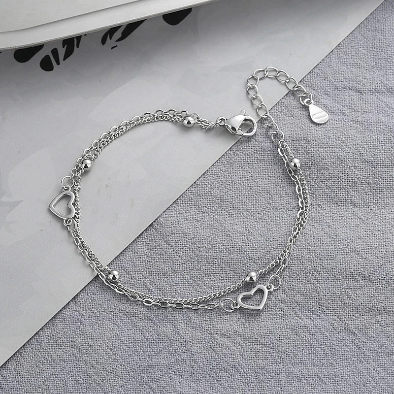 VENTFILLE 925 Sterling Silver Double Love Heart Hollow Round Beads Bracelet Female Fashion Romantic Jewelry Classic Adjustable