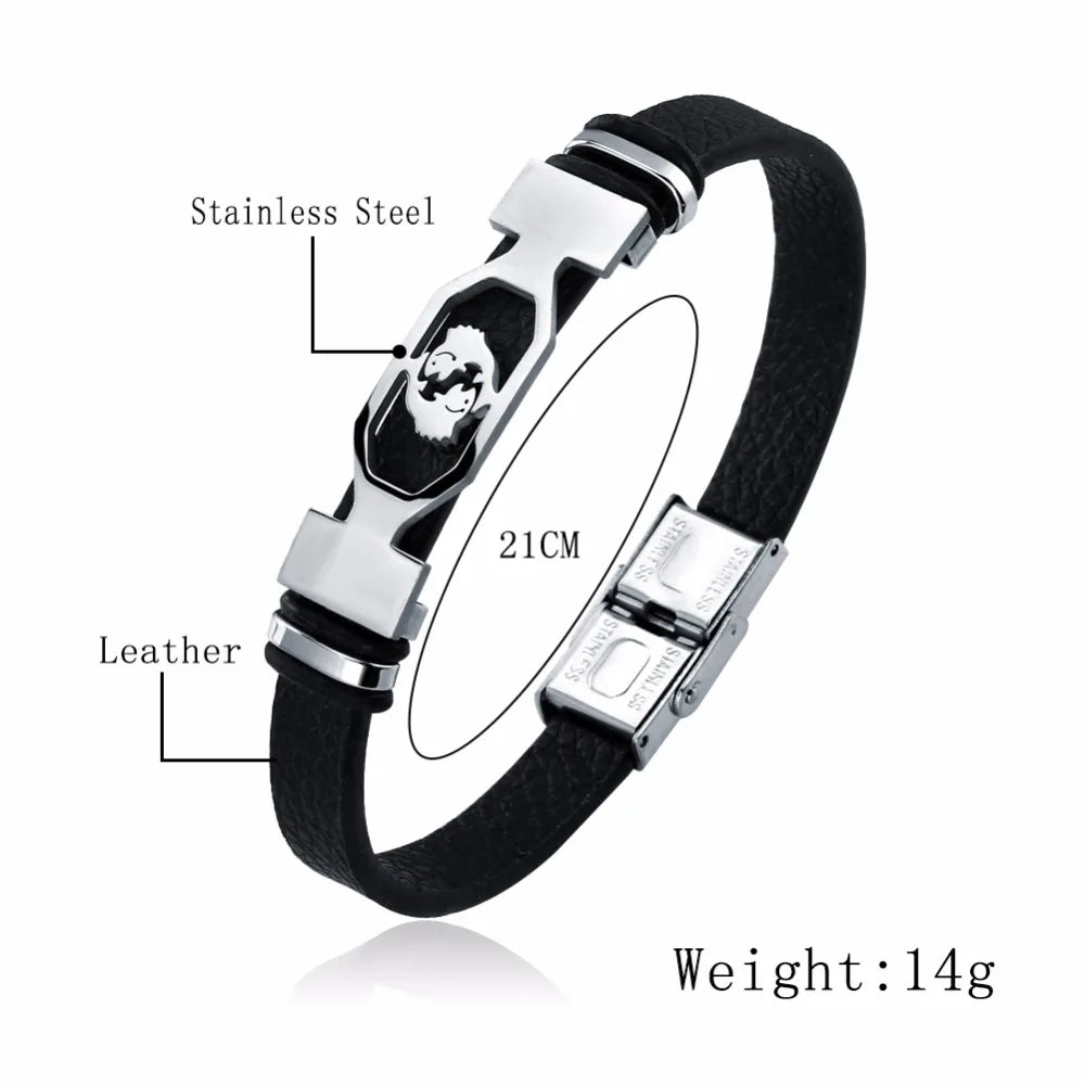 12 Constellation Stainless Steel Cuff Bracelet Men Women Zodiac Sign Black Leather Wrap Bracelet Jewelry bransoletka męska