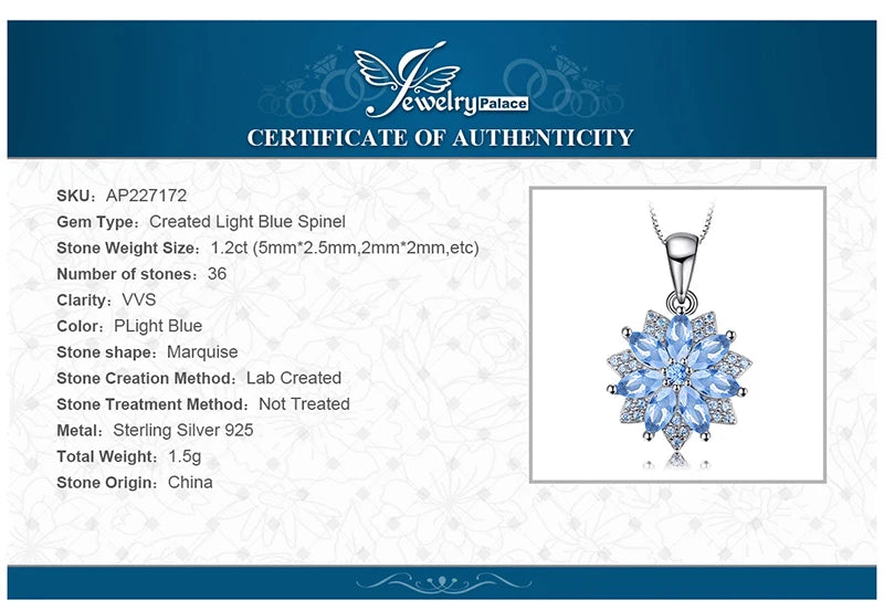 JewelryPalace Flower 1.2ct Created Blue Spinel 925 Sterling Silver Pendant Necklace for Woman Fashion Gift Fine Jewelry No Chain