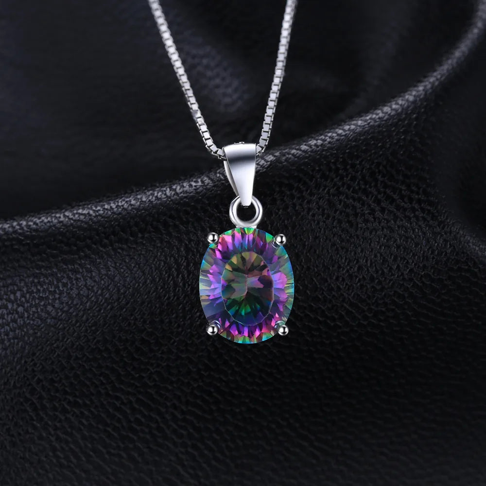 JewelryPalace Oval Rainbow Fire Mystic Quartz 925 Sterling Silver Pendant Necklace for Women Fashion Gemstone Choker No Chain