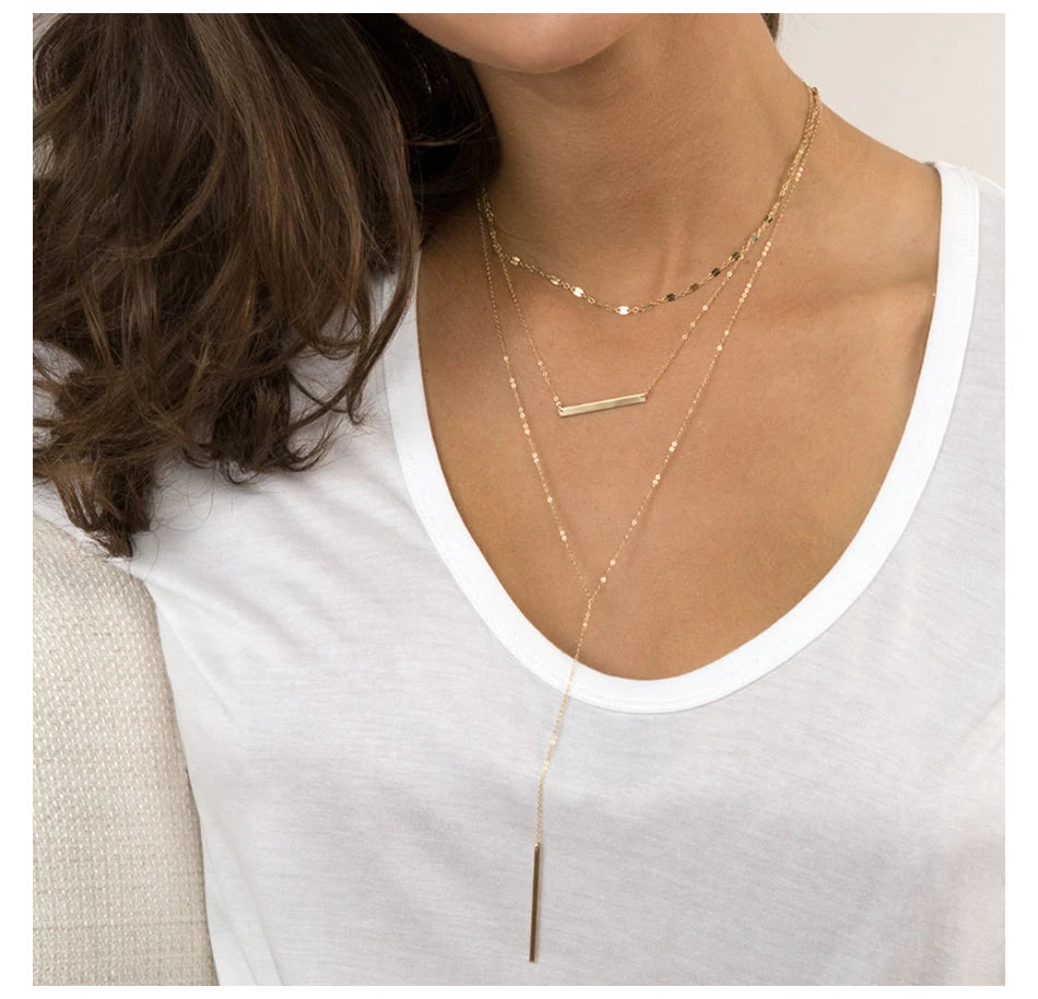 e-Manco Korean Style Women Gold Color Stainless Steel Necklace Fashion Layered Necklace Jewelry