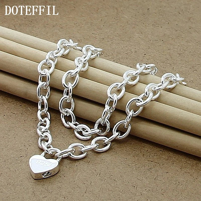 DOTEFFIL 925 Sterling Silver Heart Lock Pendant Necklace 18 Inch Chain For Women Wedding Engagement Fashion Jewelry