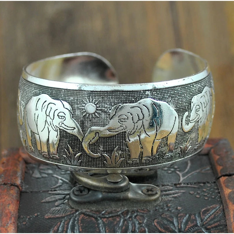 Vintage Cuff Bracelet Tibetan Silver Plated Carved Flower Geometric Animal Opening Bangle Adjustable Indian Jewelry Women Gifts