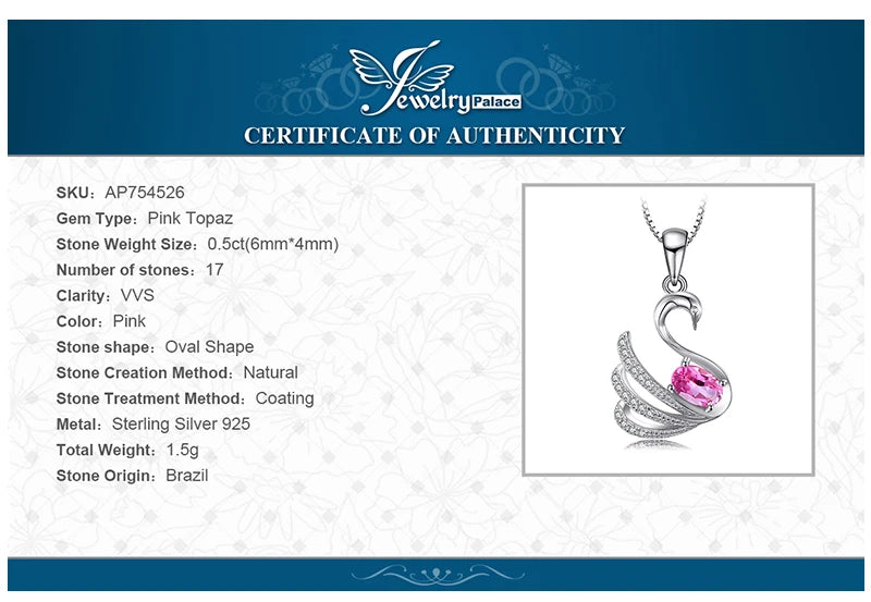 JewelryPalace Swan Oval Natural Pink Topaz 925 Sterling Silver Pendant Necklace for Woman Gemstone Fine Jewelry Without Chain