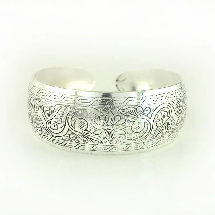 Vintage Cuff Bracelet Tibetan Silver Plated Carved Flower Geometric Animal Opening Bangle Adjustable Indian Jewelry Women Gifts