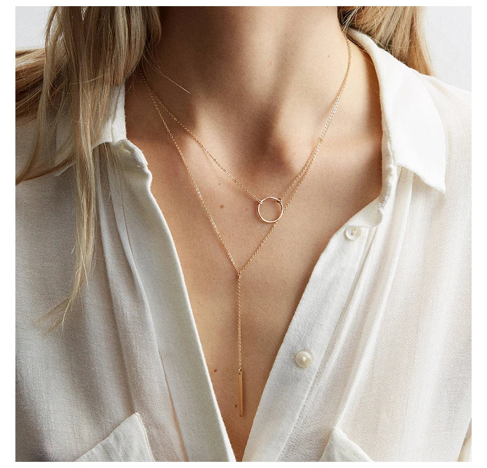 e-Manco Korean Style Women Gold Color Stainless Steel Necklace Fashion Layered Necklace Jewelry