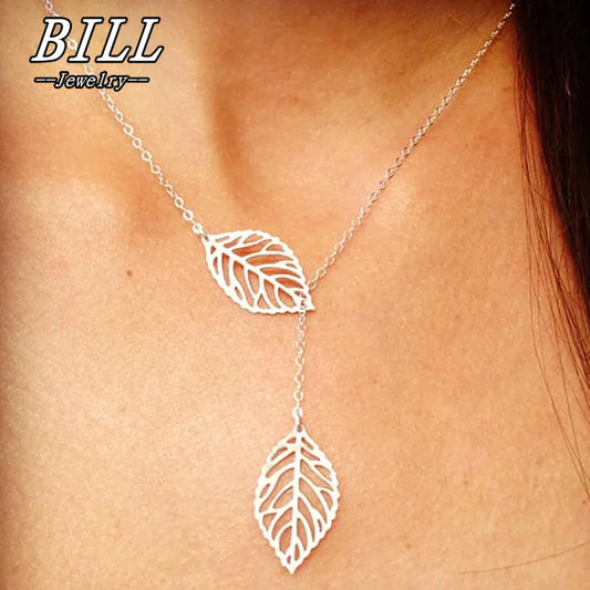 New Double Leaves Women Clavicle Necklace Silver Color Leaf Pendants Necklaces Collares Fashion Jewelry bijoux femme